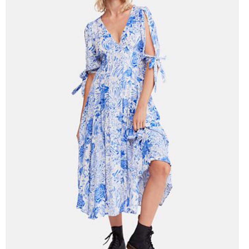 Free People Forever Always Printed Tie-Cuff Dress